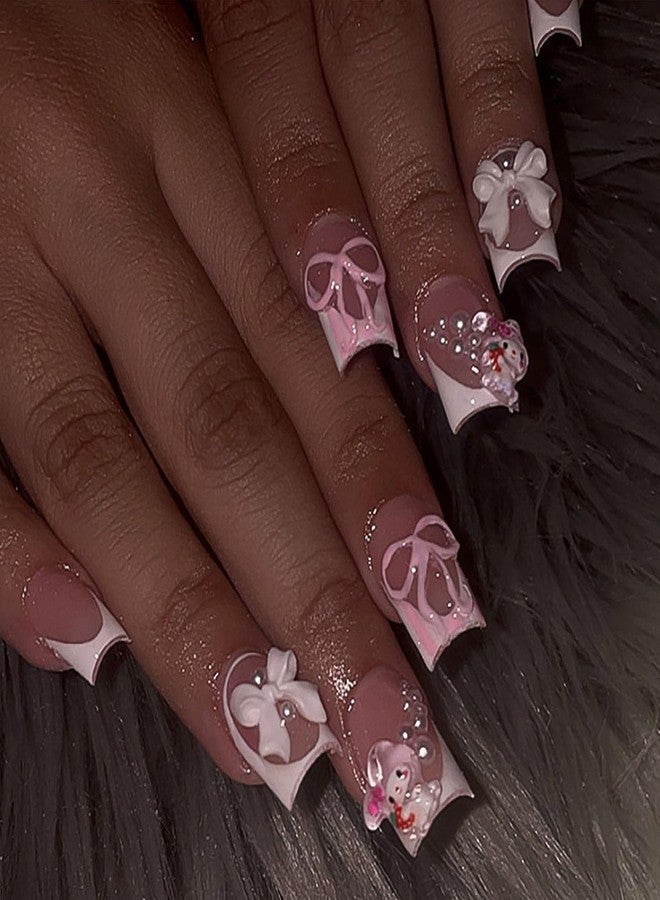 YKZFUI White French Tip Press on Nails Short with Charms Bow Pearl Design, Pink French Nails Press ons Cute False Nails Short Square Nail Art Full Cover Stick on Nails for Women Manicure Decorations 24Pcs - Image 1